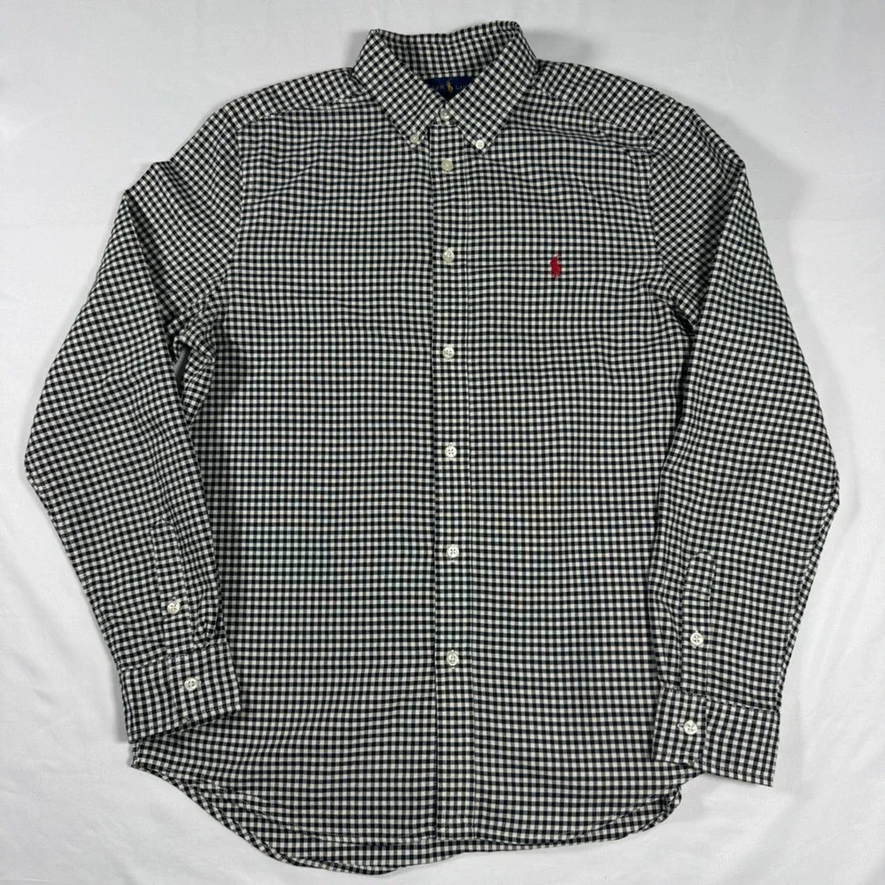 Ralph Lauren Gingham Button Down Shirt Boys XL 18-20 Black White Long Sleeve